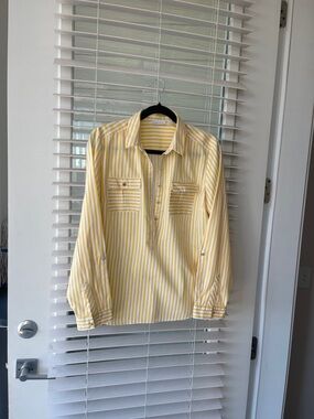 New York & Company Yellow and White Striped Button-Front Blouse